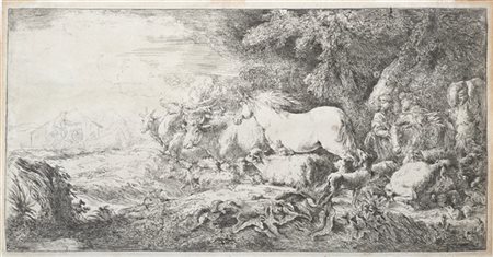 Giovanni Benedetto Castiglione "Gli animali entrano nell'arca"
acquaforte (mm 20
