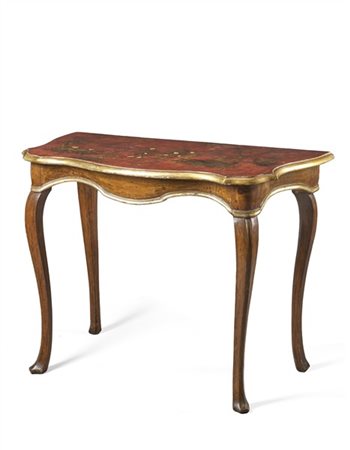 Console di forma mossa in mogano, piano laccato e dipinto a chinoiserie, profil