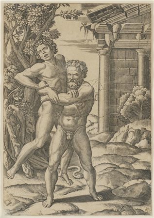Marcantonio Raimondi "Ercole e Anteo"
bulino (il foglio mm 305x213)
filigrana "O