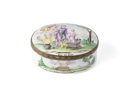 Arte del secolo XVIII. Snuff box in smalti policromi con ghiere in metallo dora