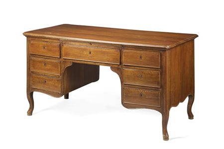 Scrivania da centro in mogano con fronte a sette cassetti e piano estraibile, g