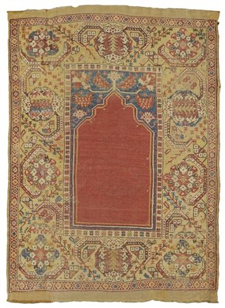 Tappeto preghiera Konia o Smirne, Anatolia, secolo XVII-XVIII. Mirab a fondo ro