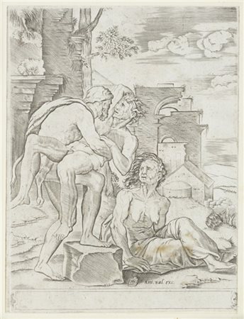 Agostino Veneziano Due bulini raffiguranti "Ercole e Anteo" (il foglio mm 241x18