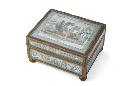 Scatola portagioie con miniature in carta applicate su vetro, interno con specc