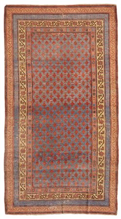 Tappeto Kashgar, Turkestan orientale, secolo XIX. Decoro a griglia azzurra e bi