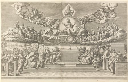 Giorgio Ghisi Due bulini da invenzioni di Raffaello raffiguranti "La Disputa del