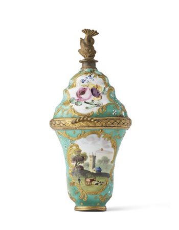 Porta profumo con necessaire in metallo smaltato azzurro decorato entro riserve