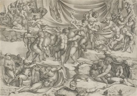 Lotto composto da un bulino di Enea Vico da Michelangelo raffigurante "Baccanal