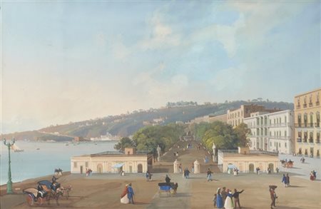 Scuola napoletana, Veduta della Villa Reale di Chiaia, gouache su carta. Titola
