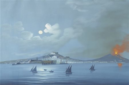 Scuola napoletana, "Eruzione del Vesuvio al plenilunio", gouache su carta (cm 3