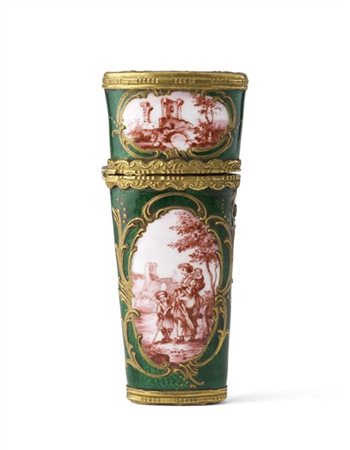 Arte francese, fine secolo XVIII. Etui in bronzo e smalti verdi a grisaille raf