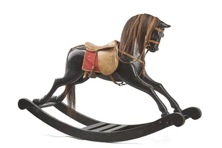 Cavallo a dondolo in legno ebanizzato con finiture e sella in cuoio