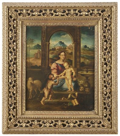 Ignoto del secolo XIX

"Madonna in trono con Bambino e san Giovannino con paesa