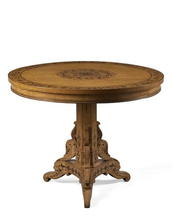 Tavolo circolare lastronato in radica di tuja intarsiato e filettato in palissa