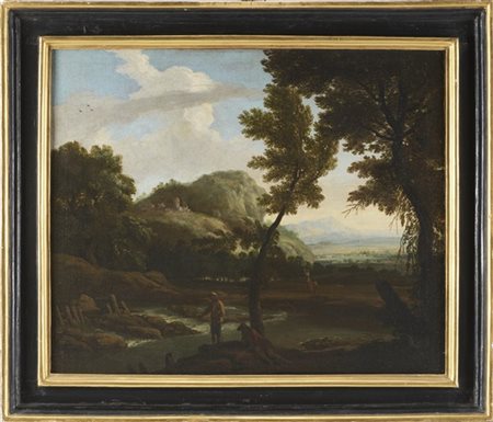 Maestro del secolo XVIII

"Paesaggio fluviale con pescatore e figure"
olio su t