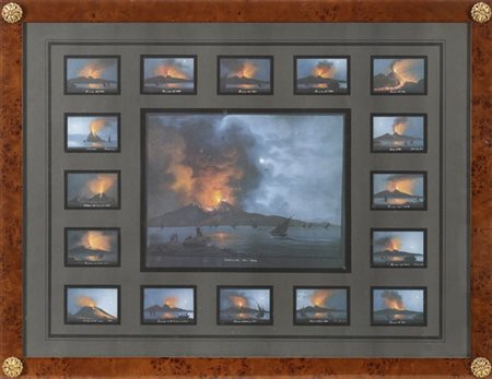 Scuola napoletana. Gouache su carta raffigurante serie di eruzioni del Vesuvio