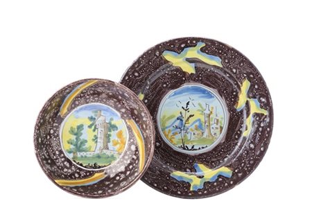 Manifattura di Pavia, secolo XVIII. Lotto composto da una ciotola e un piatto i