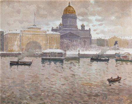 Ignoto sovietico, secolo XX. "Cattedrale di Sant'Isacco ", olio su tela (cm 62x