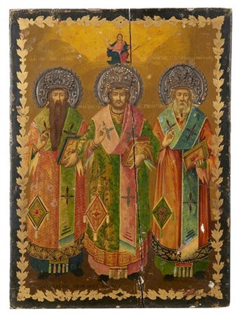 Arte greca, secolo XIX. Icona a tempera su tavola raffigurante i Tre Gerarchi,