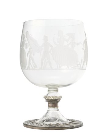 Manifattura veneziana del secolo XIX-XX. Grande calice in vetro inciso con masc