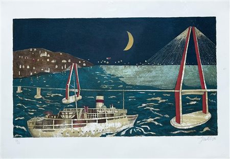 Franco Gentilini “Notturno con ponte e barca”