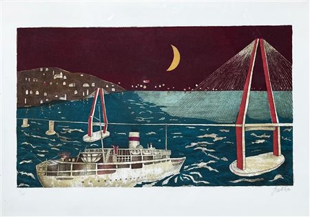 Franco Gentilini “Notturno con ponte e barca”