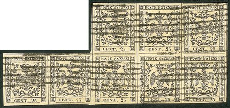 Antichi Stati Italiani - Modena - 1852 - 25 cent camoscio (4a) - blocco di 8 a seggiola usato