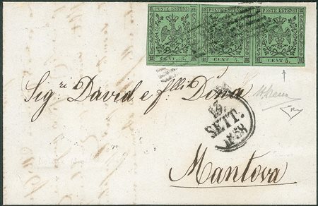 Antichi Stati Italiani - Modena - Lettera da Modena 13.9.58 affrancata con striscia di tre del 5 cent (7/7g)