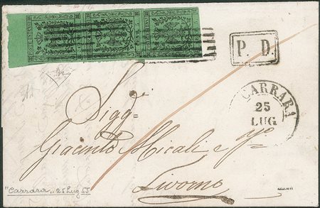 Antichi Stati - Modena - Lettera da Carrara 25.7.55 affrancata con striscia di tre verticale del 5 cent (7/7o)