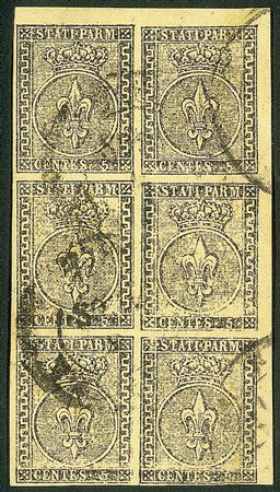 Antichi Stati Italiani - Parma - 1852 - Blocco di sei usato del 5 cent verdino (1b)