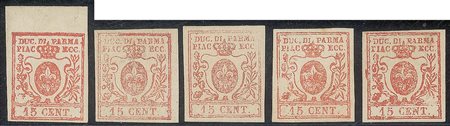 Antichi Stati Italiani - Parma - 1859 - Lotto di 5 valori del 15 cent vermiglio (9)