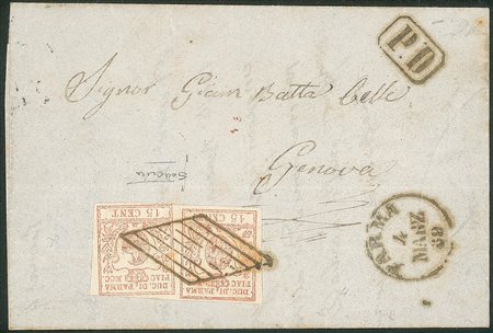 Antichi Stati Italiani - Parma - Lettera da Parma 4 Marzo 59 per Genova con coppia 15 cent vermiglio (9)