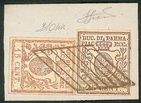 Antichi Stati Italiani - Parma - Frammento con terza emissione 15 cent vermiglio + 25 cent bruno (9 + 10)