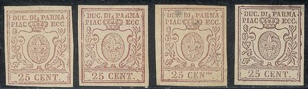 Antichi Stati Italiani - Parma - 1857 - Lotto di quattro esemplari del 25 cent bruno lilla (10)