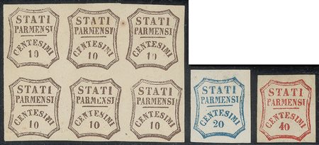 Antichi Stati Italiani - Parma - 1859 - blocco di sei nuovo con gomma del 10 cent bruno (14)