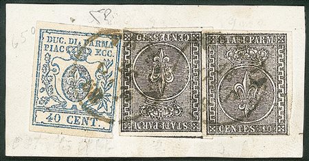 Antichi Stati Italiani - Parma - Miste di Emissioni diverse  - Frammento con due esemplari  10 cent bianco + 40 cent azzurro (2 + 11)