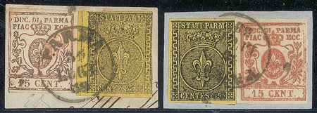 Antichi Stati Italiani - Parma - Miste di Emissioni diverse  - 1859 - Lotto di due frammenti con il 5 cent e il 15 cent (1 + 9)