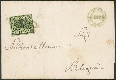 Antichi Stati Italiani - Stato pontificio - Letterina da Cento a Bologna il 17 marzo 1856 con 2 baj (Sass. 3 a)