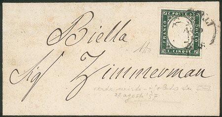 Antichi Stati Italiani - Sardegna - Splendida ricevuta stampata affrancata con 5 cent verde mirto (13A)