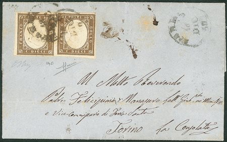 Antichi Stati Italiani - Sardegna - Lettera affrancata con Sardegna coppia del 10 cent bruno olivastro (14B)