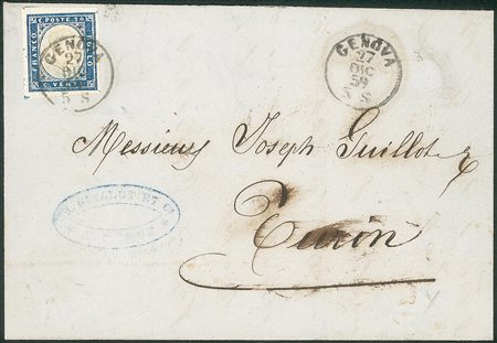 Antichi Stati Italiani - Sardegna - Lettera da Genova 27.12.59 affrancata con 20 cent (15Aa)