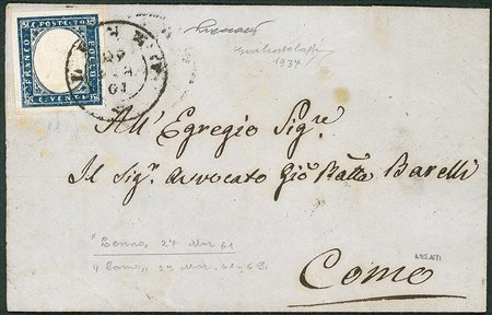 Antichi Stati Italiani - Sardegna - Da Lenno a Como il 27 marzo 1861 con 20 cent. (Sass. 15Ca)