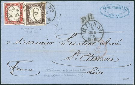 Antichi Stati Italiani - Sardegna - 10 cent bruno cioccolato scuro + 40 cent rosso (14Af + 16C)