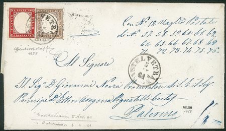 Antichi Stati Italiani - Sardegna - fresca lettera con 10 cent bruno tenue + 40 cent rosso carminio (14Ch + 16D)