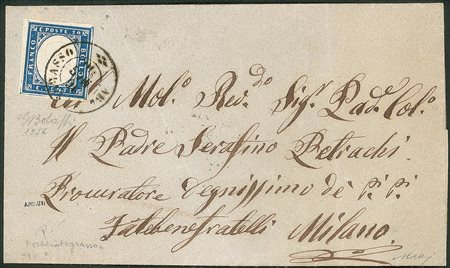 Antichi Stati Italiani - Sardegna - Annullamenti - Fresca lettera con esemplare del 20 cent cobalto grigio (15Cb)