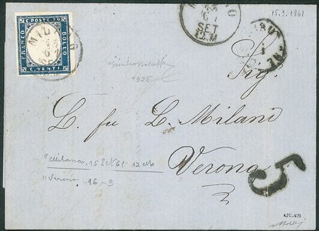 Antichi Stati Italiani - Sardegna - Annullamenti - Bell'esemplare del 20 cent azzurro (15C)