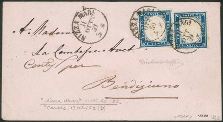 Antichi Stati Italiani - Sardegna - Annullamenti - Due esemplari del 20 cent azzurro scuro (15B)