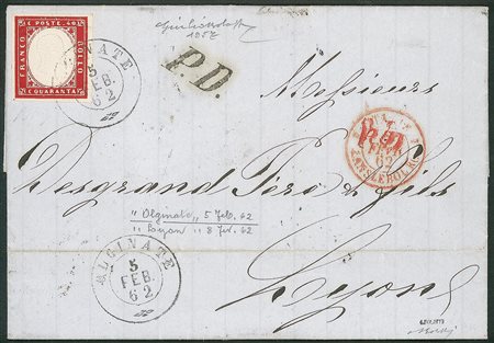 Antichi Stati Italiani - Sardegna - Annullamenti - Lettera affrancata con 40 cent rosa carminio (16E)