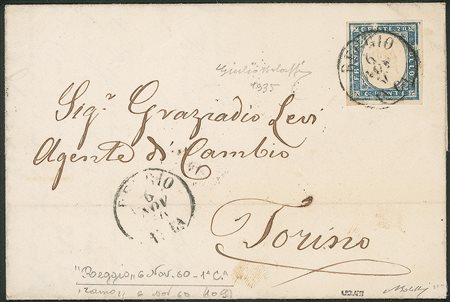 Antichi Stati Italiani - Sardegna - Annullamenti - Esemplare ben marginato del 20 cent azzurro (15C)