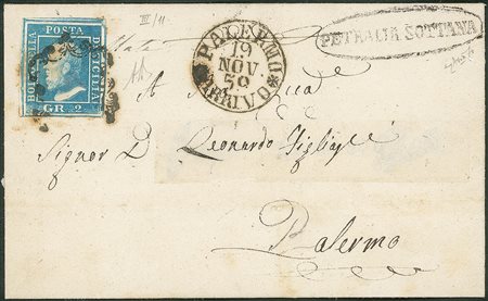 Antichi Stati Italiani - Sicilia - Bell'esemplare del 2 grana azzurro verdastro (8b)